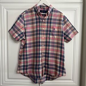 Polo Ralph Lauren Men L Navy Pink Plaid Short Sleeve Indian Madras Cotton Shirt